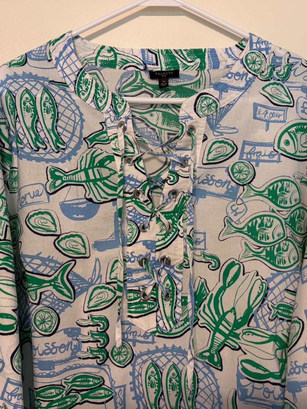 Talbots Women's Plus "Fish Market" Lace-Up Popover Tunic Shirt Top Blouse 1X - Picture 2 of 9